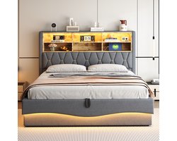 180x200 cm gestoffeerd bed met opbergruimte - met LED-verlichting en USB-oplaadpoort - grijs - zonder matras