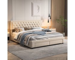 180x200 Fluwelen Opbergbed Beige – Gaslift Tweepersoonsbed met 2 Grote Lades bij Voeteneinde & Verborgen Opbergruimte – Bed 180x200