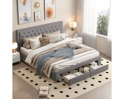 180x200 Fluwelen Opbergbed Grijs – Gaslift Tweepersoonsbed met 2 Grote Lades bij Voeteneinde & Extra Opbergruimte – Bed 180x200