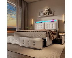 180x200cm stoffen bed - met leren hoofdbord en USB-C oplaadfunctie - met 4 lades - opbergbed - beige - zonder matras