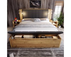 180x200cm tweepersoonsbed - met opklapbare hoofdeinde - met nachtkastje - met voetenbank - met leeslamp - eik - zonder matras