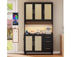 183 cm keukendressoir, buffet, app-gestuurde led-decoratieve verlichting, 2 x USB, 2 x stopcontacten, verstelbare legplanken, 3 laden, gouden metalen handgrepen, voor keuken en eetkamer