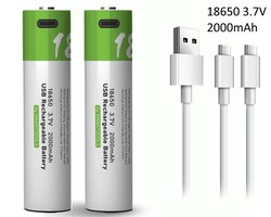18650 Oplaadbare Li-ion Lithium Batterij Accu USB-C - 2000mAh - 3.7V - Makkelijk oplaadbaar - USB C - Type-C 2-in-1 kabel - 2 Stuks