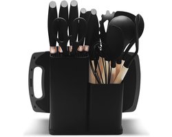 19-delige keukenset met 5 messen, 12 siliconen keukengerei, snijplank en schaar. Compleet keukenhulpset met opbergblok, veilig voor pannen met antiaanbaklaag. Kleur: zwart.
