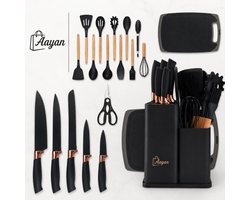19-Delige Messenset met Blok, Snijplank en Keukengerei – RVS Keukenmessen Set met Siliconen Keukentools – Zwart – RVS messen – snijplank set – keukengerei set – complete keukenset – siliconen keukengerei – keuken organizer – kookgerei set – 90955