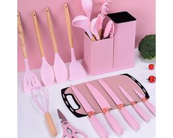 19-stuks siliconen keukengerei-set met standaard keukenmessenset - anti-aanbak keukengereedschap en gadgets met houten handvat - roze