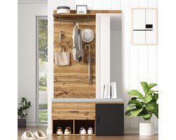 190 cm hoge garderobekast in houtlook met spiegel, schoenenbank (104 x 39 cm) met stoffering, schoenenkast, lade, plank, kapstokhaken - Praktisch design voor de entree