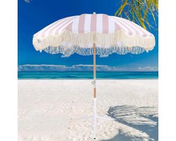 198 Cm Boho Parasol Voor Buiten Met Franjes, Draagbare Uv-beschermende Strandparasol Met Draaiknoppen, Kantelbare Houten Paal En Draagtas Pink+triangular Folding Stand 78.74L×70.87W×84.65H