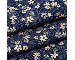 1M 150cm Blauw Katoen Stof - Japanse Sakura Quilting Stof Bundels - Gouden Kersenbloesems en Golven Print Stof Voor Kleding, Tas, Tafelkleed, Bankkussen, DIY Creatief Werk