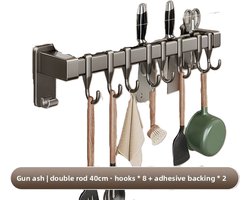 1stuk – Wandrek keuken - ophanghaken – Rek voor keukengerei en pannen – Keukenorganizer – zelfklevende - Voor het ophangen van pannen - gungrijs - 40cm - Inclusief 8 haken