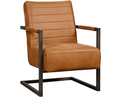 1x Fauteuil Rocca / Tom - Eco-Leer Bull Cognac - Stalen Frame - Horizontaal Stiksel - Met Armleuning