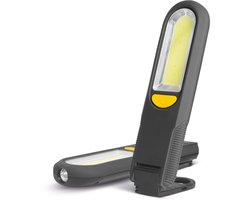 1x Werklamp - Magnetisch - COB + SMD LED - 3 W - 20-300 lm - 3×AAA (niet incl.) - 4 Modi (SMD zaklamp, COB werklicht, rood knipperlicht) - 360° haak - IP20 - 180×51×25 mm - 106 g - Zwart/Geel [18614]