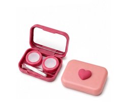 2-delig contactlenzenetui in hartvorm met spiegel voor gekleurde en zachte contactlenzen, compacte reisset in rood en roze, hermetische accessoires met pincet en zuignap