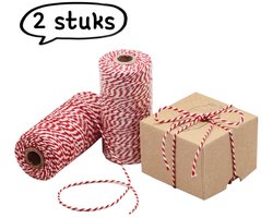 2-delig - Kerst inpaktouw - Rood en wit katoenen touw Katoenen draad Kerstfeestdecoratie - Kerstcadeau inpakken DIY label touw Verpakkingstouw - Rood en wit