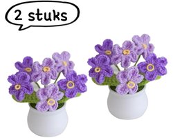 2-delig ornament - Afgewerkte handgemaakte gebreide potplant - Woondecoratie gebreide kunstbloemen - Gehaakt boeket/cadeau met nepbloemen - Vergeet-me-nietjes - Paars kleurverloop