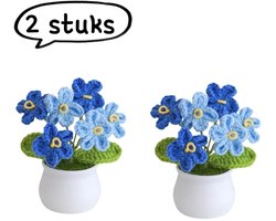 2-delig ornament - Afgewerkte handgemaakte gebreide potplant - Woondecoratie gebreide kunstbloemen - Gehaakt boeket/nepbloemen cadeau - Vergeet-me-nietje - Blauw kleurverloop
