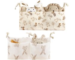 2-delige babybed organiser voor het opbergen van speelgoed en luiers, hangend naast het bed, schattige konijnen- en eekhoornontwerpen