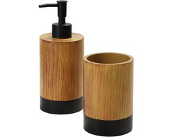 2-delige badkamerset, zeepdispenser en tandenborstelbeker in houtlook - badkameraccessoires voor toilet, hygiënische badset voor thuis en badkamer - Hout/Zwart KADAX