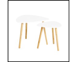 2-delige Bamboe Bijzettafel Set – Salontafels – MDF & Bamboe – Wit/Natuur – Modern