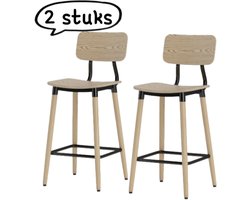 2-delige barkrukkenset - Barkrukken met rugleuning en voetensteun - Keukenstoelen met stalen poten - Geschikt voor keuken, woonkamer en eetkamer - Natuurlijke houtafwerking