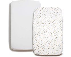 2-delige Beddengoed Set 90x50 | 2 Hoeslakens 100% Katoen | voor Wiegjes en Babybedjes | Set van Wit + Wit met Gouden Hartjes en Rondjespatroon Hoeslaken | Baby Jean