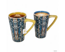 2-delige beker set Shabby Chic hout porselein 1x blauw 1x geel 450 ml - 7742 G:F.