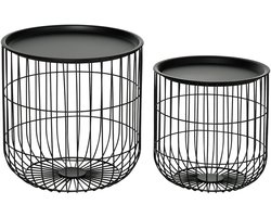 2-delige Bijzettafelset 40 x 40 x 40 cm, Zwart, Ronde Tafels in Scandinavische Stijl, Stapelbare Salontafels, Koffietafels, Bijzettafels met Opbergruimte, Mandtafel, Woonkamer, Slaapkamer en Kantoor, Ruimtebesparend