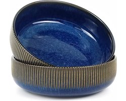 2-delige blauwe porseleinen saladekom - Keramische soepkom - Grote ramen noodle bowl - Ontbijtgranen dessertkom - Havermoutkom fruitschaal serveerschaal