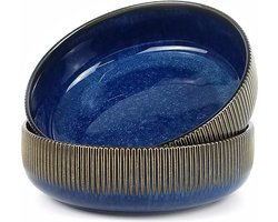 2-delige blauwe porseleinen saladekom - Keramische soepkom - Grote ramen noodle bowl - Ontbijtgranen dessertkom - Havermoutkom fruitschaal serveerschaal