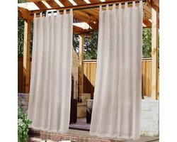 2-delige buitengordijnen, Boho-stijl, waterdicht, met afneembare lussen, natuurlijke semi-transparante kleur, 274 x 132 cm, linnenlook buitengordijnen, ondoorzichtige gordijnen voor tuinhuisjes