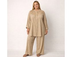 2-Delige Dames Set Khaki Crème – Losvallende Tuniek met Kantdetail en Wijde Broek – Comfortabele Elegante Outfit Plus Size Maat eu 50