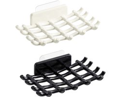 2-delige Douchewandzeephouder - Wandgemonteerde zeepbak - Houdt zeep droog - Zelf-drainerende zeepbak met haak - Geen boren nodig - Zelfklevende achterkant - Geschikt voor badkamers, keukens, slaapkamers en woonkamers - Zwart, wit