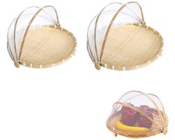 2-delige Groentemandjes - geweven fruitmandjes - bamboe tentmandjes - voedselbewaarmandjes - vierkante rotan broodmandjes - picknickmandjes - stof- en insectenwerend met deksels - geschikt voor keukens, restaurants en picknicks - Houtkleur