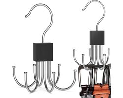 2-delige kledingrek, 360° draaibare riemhouder met 6 haken per stuk, ruimtebesparende stropdasrek, metalen en houten beha-rek voor vesten, sjaals, hoeden en handtassen.