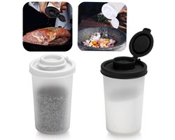 2-Delige Kruidenset — Peperstrooier — Kruidendispenser — Kruidenpotje — Draagbare Zoutstrooier — Voorzien van vochtbestendige deksels — Voor kamperen, picknicks, buitenactiviteiten, in de keuken, op reis (Groot formaat — Zwart, Wit)