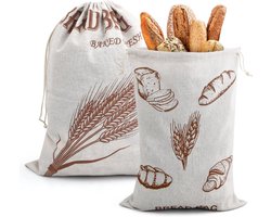 2-delige linnen broodzakken - grote broodopbergzak met trekkoord - 40 x 30 cm - linnen zak voor vers houden van brood - doek broodzak voor groenten en fruit