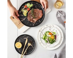 2-delige Luxe Marmeren Bordenset -Stijlvol Serveerbord voor Diner en Lunch- Modern & Stijlvol Ontwerp-Mat Zwart (Ø25,2 cm & Ø20 cm)