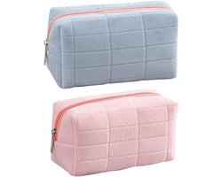 2-delige make-uptas - toilettas - zachte badkamer toilettas - opbergtas - fluweel - blauw/roze