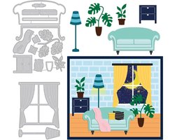 2-delige Meubel Metaal Dies - Comfortabele Bank Sofa Venster Gordijn Licht Groene Planten Decor Sjabloon Stencils - DIY Scrapbooking, Decoratieve Embossing - 0.8mm Dikte