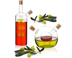 2-delige oliedispenser set - 2-in-1 azijn- en oliefles met kurk - glazen container om te vullen - glazen flessen met inzetstuk en 2 openingen - glazen karaf