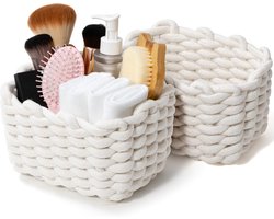 2-delige opbergmandenset — Geweven decoratieve manden met kwastjes (opslag voor de slaapkamer); Kleine opbergbakken van katoenen touw in bohemian-stijl; Afmetingen: 20 x 15 x 13 cm. Kleur: Wit.