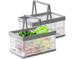 2-delige opvouwbare boodschappenmandenset: 30 x 20 x 15 cm opvouwbare campingbox van kunststof met handvat, opvouwbare box, opvouwbare draagbare mand, draagmand, opvouwbare campingbox, plank, thuis