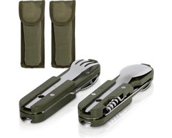 2-delige outdoor bestekset van roestvrij staal, Eén set bestaat uit mes, vork en lepel, groen en zilver