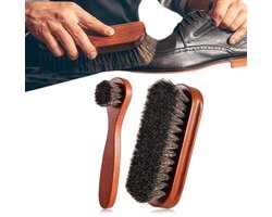 2-delige Paardenhaar Schoenborstel Set – Grote Poetsborstel – Lange Steel Applicator – Houten Handvat – Voor Leren Schoenen & Laarzen