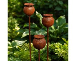 2-delige roestige tuindecoratieset, roestdecoratie voor tuin, cortenstaal, tuinsteker, metaal, bloem, klaprozen, tuindecoratie, roest, rankstang, bloemsteker, plantensteker, natuurlijke roest