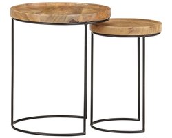 2-delige Salontafelset | Koffietafel | Woonkamertafel | Bijzettafel massief mangohout en staal