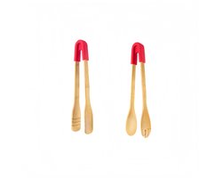 2-delige set - Bamboe voedselpincet - Voedselclips - Keukengereedschap voor bakken - Te gebruiken voor het oppakken van toast, spek en andere sneetjes brood - Twee vormen (rond + vierkant) - 30*4 cm - Rood