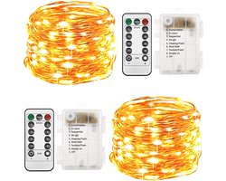 2-delige set batterijgevoede lichtsnoeren - 2 m 20 LED batterijgevoede LED-lichtsnoeren - Met afstandsbediening - 8 standen - Timerfunctie - IP20 waterdicht - Geschikt voor binnen- en buitenslaapkamers -Warm wit