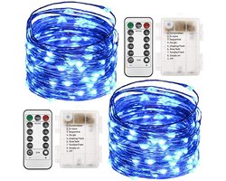 2-delige set batterijgevoede lichtsnoeren - 2 m 20 LED batterijgevoede LED-lichtsnoeren - Met afstandsbediening - 8 standen - Timerfunctie - IP20 waterdicht - Geschikt voor binnen- en buitenslaapkamers -Blauw