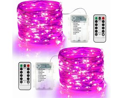 2-delige set batterijgevoede lichtsnoeren - 2 m 20 LED batterijgevoede LED-lichtsnoeren - Met afstandsbediening - 8 standen - Timerfunctie - IP20 waterdicht - Geschikt voor binnen- en buitenslaapkamers -Roze